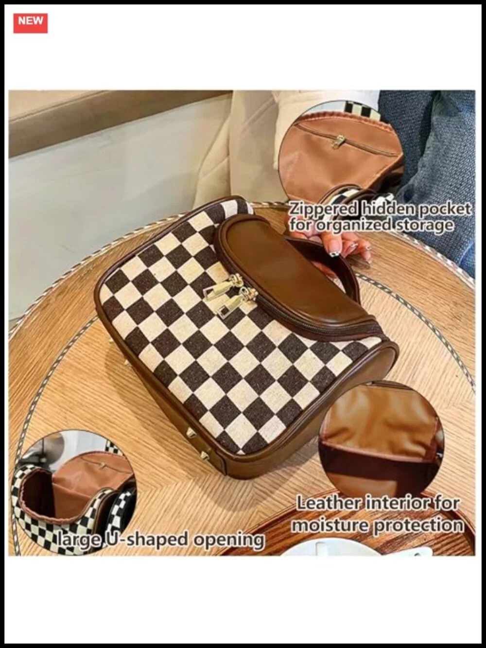 Vintage Checkered Cosmetic Bag Large Capacity PU Leather Makeup Pouch